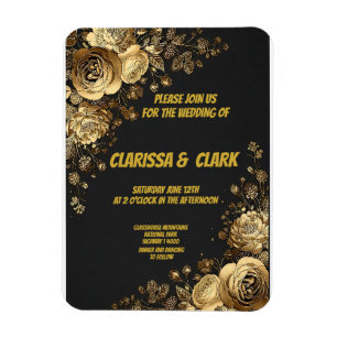 Trouwkaart versierd met gouden bloemen op een zwar magneet