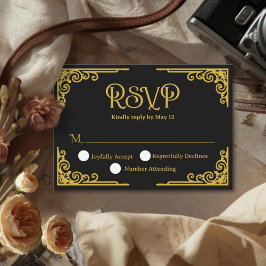 Trouwkaart Vintage Goud Zwart RSVP Kaartje