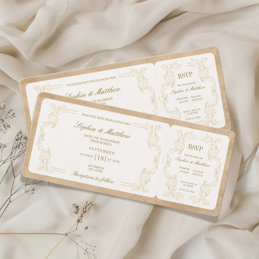 Trouwkaart Vintage Ticket met RSVP Kaart