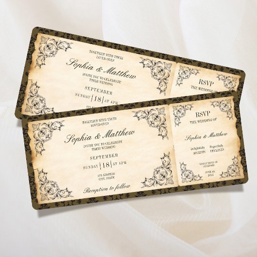 Trouwkaart vintage ticket RSVP Barok Kaart