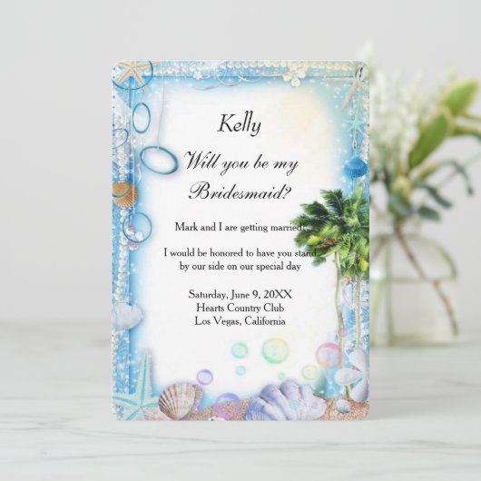 Trouwkaart voor bruidsmeisjes met schelpen van tro kaart (Staand voorkant)