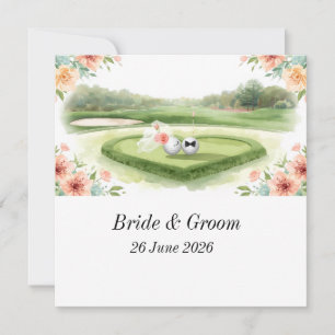 Trouwkaart voor golfers met golfbal op green save the date