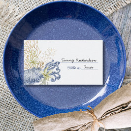 Trouwkaart voor kusthuwelijk blauw & goud plaatskaartje
