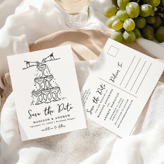 Trouwkaart Whimsical Champagne Toren Save the Date Aankondigingskaart