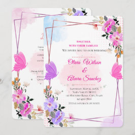 Trouwkaart Whimsical Paars Roze Bloem Roze Goud Kaart