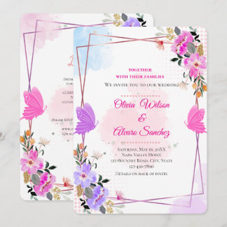 Trouwkaart Whimsical Paars Roze Bloem Roze Goud Kaart