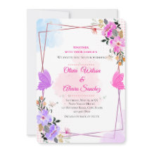 Trouwkaart Whimsical Paars Roze Bloem Roze Goud