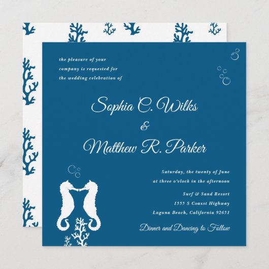 Trouwkaart Zeepaardje aan Zee | Marineblauw (Voorkant / Achterkant)