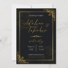 Trouwkaart – Zwart & Goud Elegant Bloemendesign Kaart