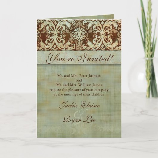 Trouwkaarten Damask Bruin Groen  (Voorkant)