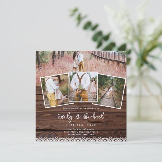 TROUWKAARTEN FOTOBORDEN RUSTIC LACE BOHO vierkant Kaart (Staand voorkant)