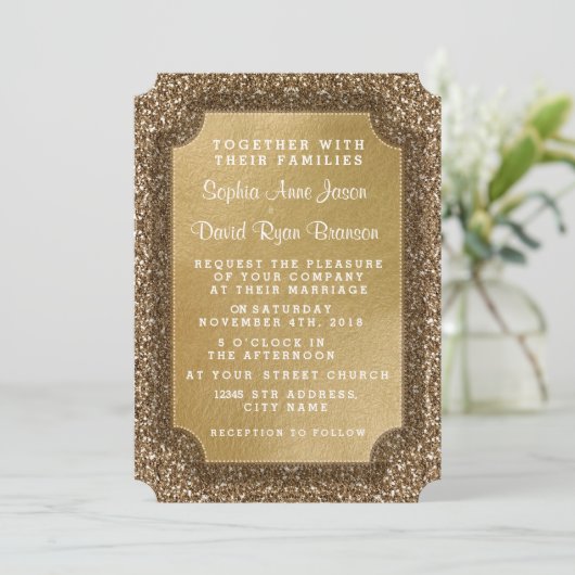 Trouwkaarten | Goudblad & Glitter Uitnodiging (Staand voorkant)