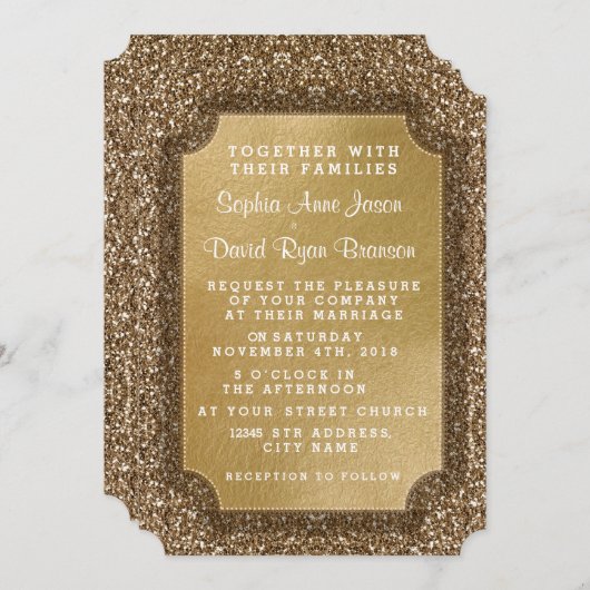 Trouwkaarten | Goudblad & Glitter Uitnodiging (Voorkant / Achterkant)