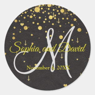 Trouwkaarten   Gouden Confetti Monogram Ronde Sticker
