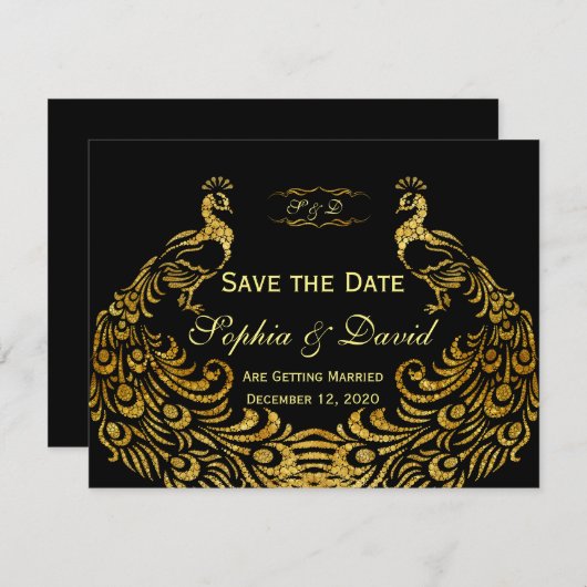 Trouwkaarten | Gouden Pauw reserveer de datum Save The Date (Voorkant / Achterkant)