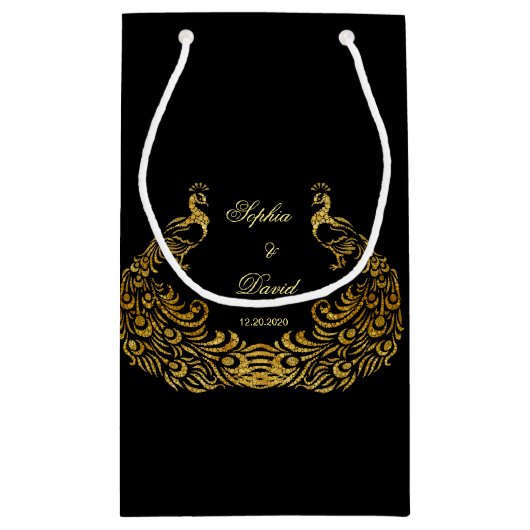 Trouwkaarten | Gouden Pauw Zwarte Favorietentas Klein Cadeauzakje (Achterkant)