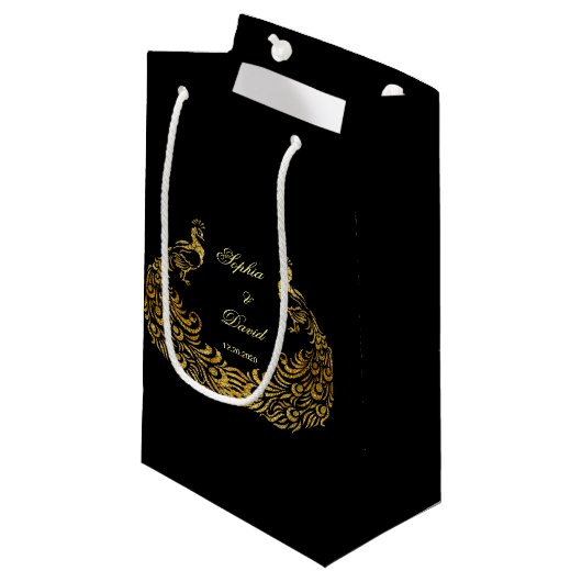 Trouwkaarten | Gouden Pauw Zwarte Favorietentas Klein Cadeauzakje (Voorkant Gekanteld)