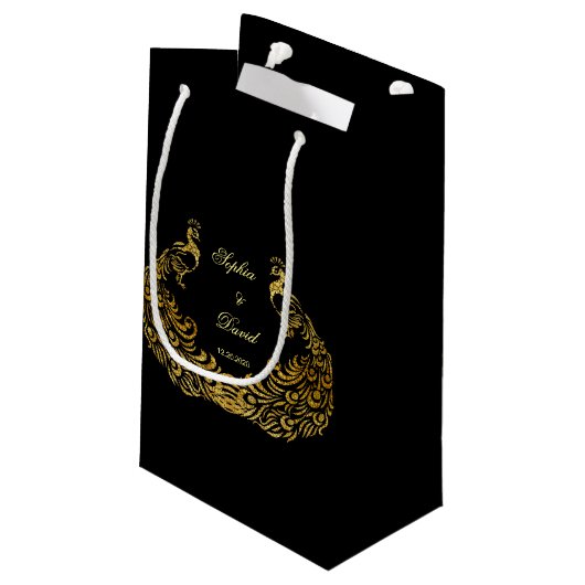 Trouwkaarten | Gouden Pauw Zwarte Favorietentas Klein Cadeauzakje (Achterkant Gekanteld)