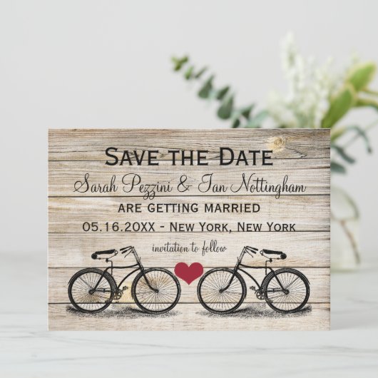 Trouwkaarten met antieke fiets Save the Date (Staand voorkant)