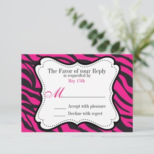 Trouwkaarten met dikke roze zwarte zebra strepen RSVP kaartje (Staand voorkant)