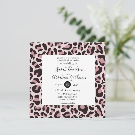 Trouwkaarten met luipaardprint en roze goud kaart (Staand voorkant)