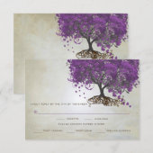 Trouwkaarten met paarse hartblad boom RSVP kaartje (Voorkant / Achterkant)