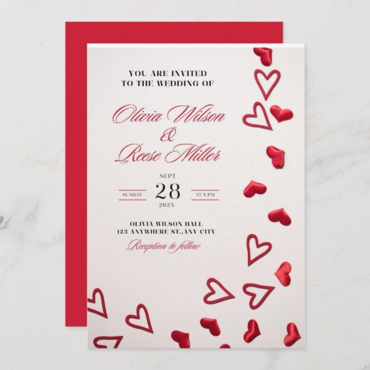 Trouwkaarten met rode harten romantische liefde kaart (Voorkant / Achterkant)