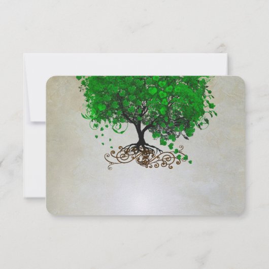 Trouwkaarten met smaragdgroene hartvormige bladere RSVP kaartje (Achterkant)