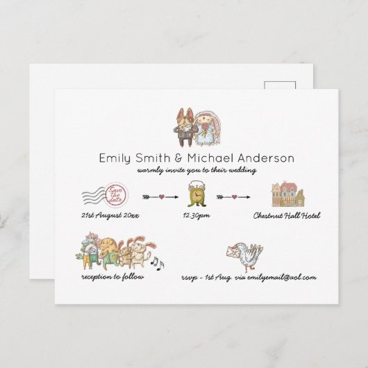 Trouwkaarten met speelse tijdlijn voor budget briefkaart (Voorkant / Achterkant)