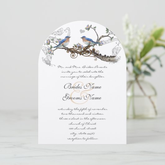 Trouwkaarten met vintage blauwe vogels kaart (Staand voorkant)