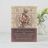Trouwkaarten met vintage kant en Marsala roos Kaart (Staand voorkant)