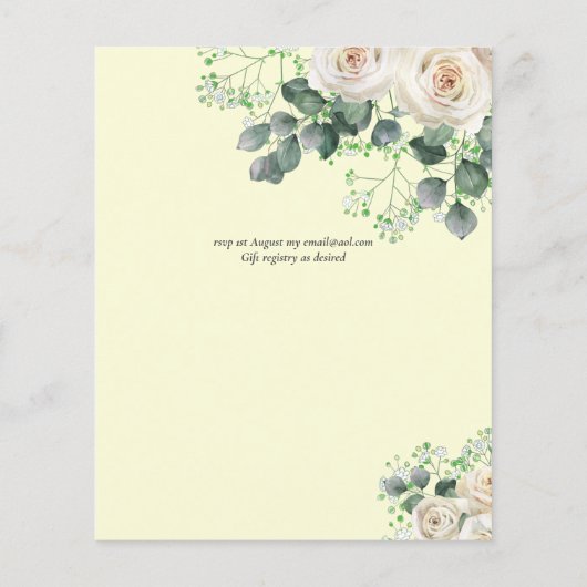 Trouwkaarten met witte rozen 'Liefde in bloei' Flyer (Achterkant)