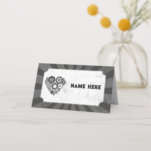 Trouwkaarten Namen Steampunk Wedding Hearts Cogs Plaatskaartje (Achterkant)