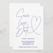 Trouwkaarten 'Navy Blue Hart Save Our Date' Kaart (Voorkant / Achterkant)