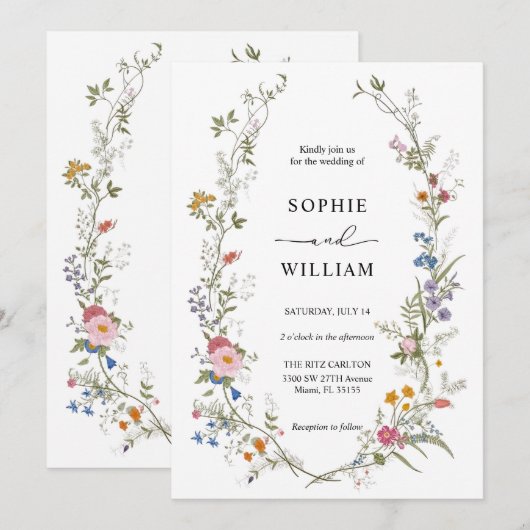 Trouwkaartjabloon met wilde bloemen, afdrukbaar kaart (Voorkant / Achterkant)