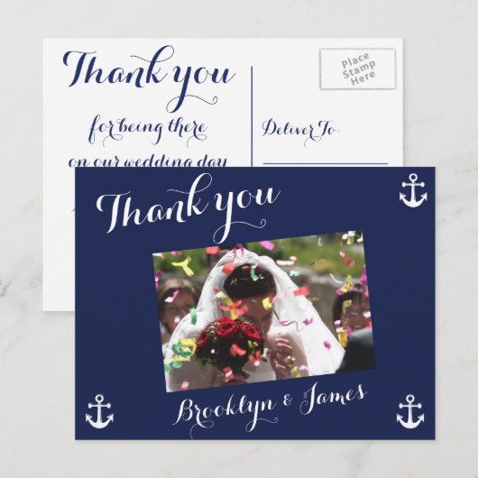 Trouwkaartjes met dankbetuiging in marineblauw mar briefkaart (Voorkant / Achterkant)