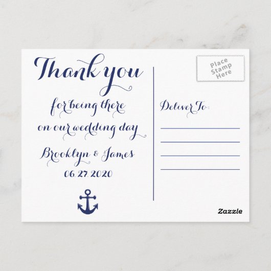 Trouwkaartjes met dankbetuiging in marineblauw mar briefkaart (Achterkant)