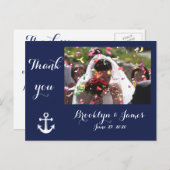 Trouwkaartjes met dankbetuiging in marineblauw mar briefkaart (Voorkant / Achterkant)