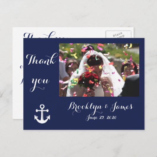 Trouwkaartjes met dankbetuiging in marineblauw mar briefkaart (Voorkant / Achterkant)