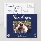 Trouwkaartjes met dankbetuiging in marineblauw mar briefkaart (Voorkant / Achterkant)