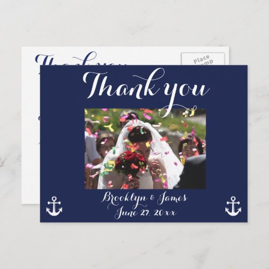 Trouwkaartjes met dankbetuiging in marineblauw mar briefkaart (Voorkant / Achterkant)