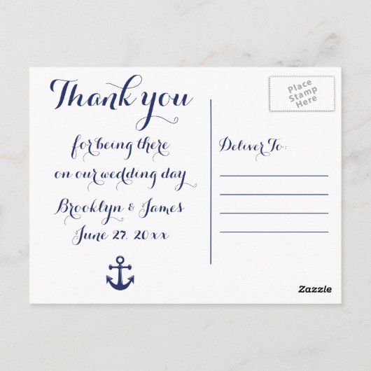 Trouwkaartjes met dankbetuiging in marineblauw mar briefkaart (Achterkant)