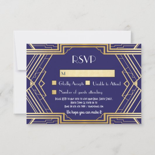 Trouwkaartjes Navy RSVP Vintage Gatsby Bruiloft Ui Kaart (Voorkant)