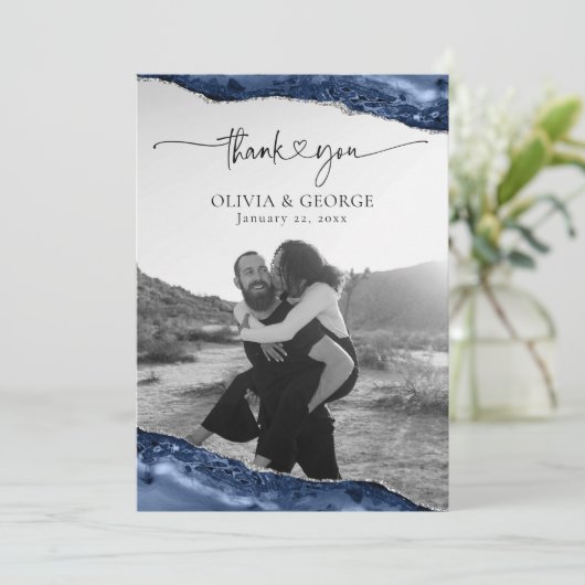 Trouwkaartjes van Navy Blauw Zilver Agaat Bedankbr Bedankkaart (Staand voorkant)