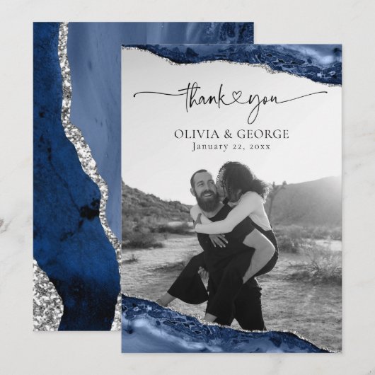 Trouwkaartjes van Navy Blauw Zilver Agaat Bedankbr Bedankkaart (Voorkant / Achterkant)