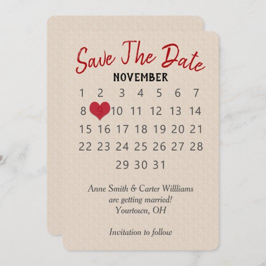 Trouwkalender 'Save the Date' met geprägde structu Kaart (Voorkant / Achterkant)