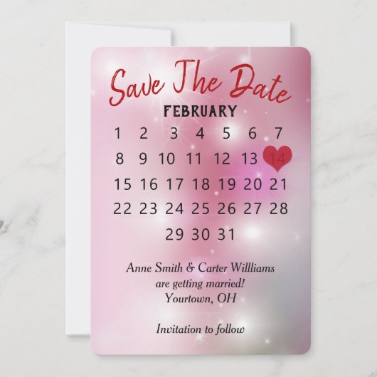 Trouwkalender 'Save the Date' op roze bokeh Kaart (Voorkant)