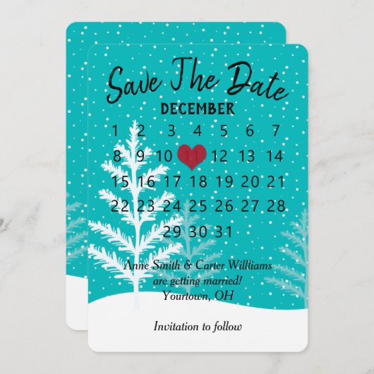 Trouwkalender Winter Snow Save the Date Kaart (Voorkant / Achterkant)
