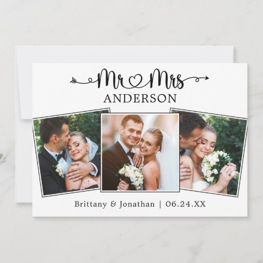 Trouwkalligrafie Hart Mr. en Mrs. 3 Foto's Bedankkaart (Voorkant)