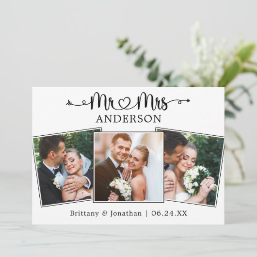 Trouwkalligrafie Hart Mr. en Mrs. 3 Foto's Bedankkaart (Staand voorkant)